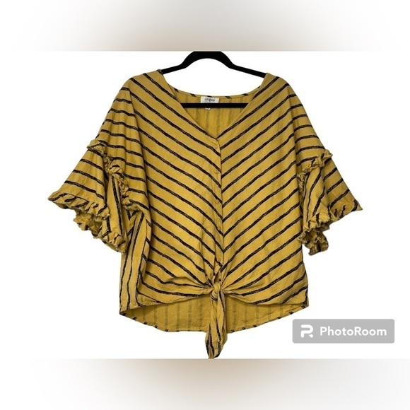 Umgee Bell Ruffle Sleeve Striped V-Neck Button Front Top with Tie and Scoop Hem - Picture 2 of 5